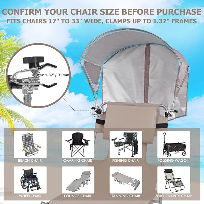 Universal Chair Umbrella Canopy, UPF 50+ Sun Shade with Adjustable Clamp, Fits Most Brands’ Beach, Camping, Lawn, Tanning, Zero Gravity, Lounge & Fishing Chairs, Patent Design
