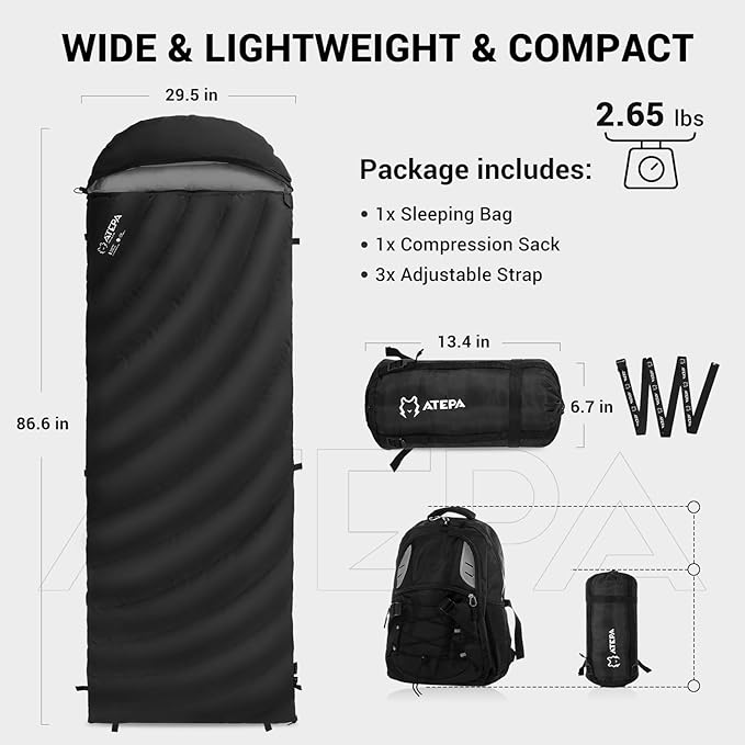 ATEPA Down Sleeping Bag for Adults, 650FP Recycled 30°F 35°F 40°F 45°F 3 Season Wearable Ultralight Packable Compact Sleeping Bags with Compression Sack for Backpacking Camping Hiking