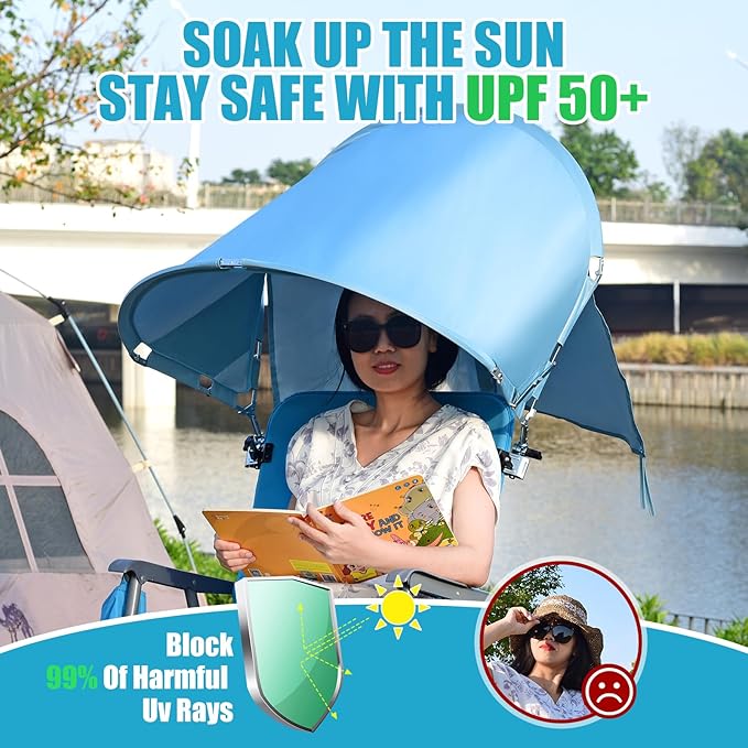 XL Universal Beach Chair Umbrella Canopy, UPF 50+ Chair Sun Shade Attachment with Adjustable Clamp for Camping, Lawn, Wheelchair, Tanning, Zero Gravity, Lounge, Fishing, Outdoor Chairs, Oversized