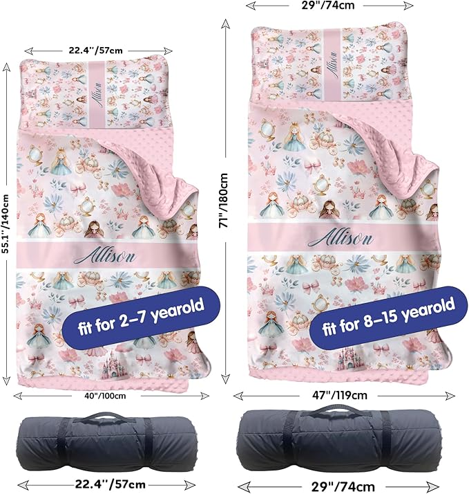 Personalized Toddler Nap Mat for Preschool, Custom Name Kids Sleeping Bag for Daycare, Kindergarten Roll Up Sleeping Mat with Removable Pillow and Soft Blanket, Fun Themes for Boys & Girls