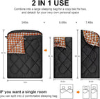 AGEMORE 0 Degree Double Sleeping Bag for Adults, Cotton Flannel Lined 2 Person Queen Size Warm Sleeping Bag for Family Winter Camping or RV Traveling