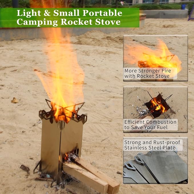 Backpacking Camping Rocket Stove,Portable Stainless Steel Wood Burning Camping Stoves for Outdoor Cooking Hiking Survival Travel Picnic BBQ