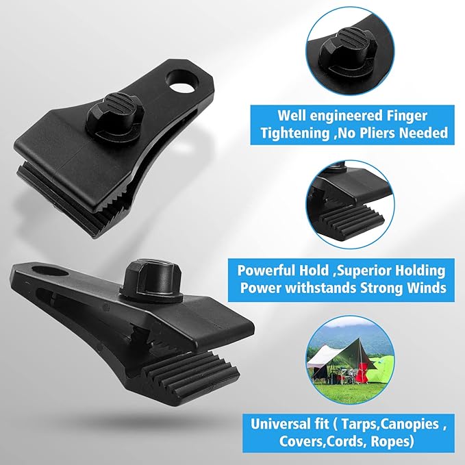 30PCS Upgrade Large Tarp Clips Heavy Duty Lock Grip Tarp Clamps Thumb Screw Tent Clamps with 100 Pcs Zip Cable Ties for Swimming Pool Cover Awnings Outdoor Camping Caravan Canopies Car Covers