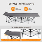 VINGLI Folding Camping Cot Bed,Camping Cots for Adults with Mattress, Foldable Cots for Sleeping with Pillow 1200D Layer Oxford for for Guest,Travel,Hiking Grey