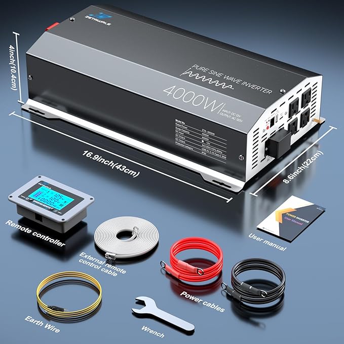 4000W Pure Sine Wave Inverter 12V DC to 110V/120V AC Converter, 8000W Peak, LCD Remote Control, 4 AC Outlets, USB & Type-C – Heavy Duty for RV, Truck, Off-Grid Solar, Home Emergency Power