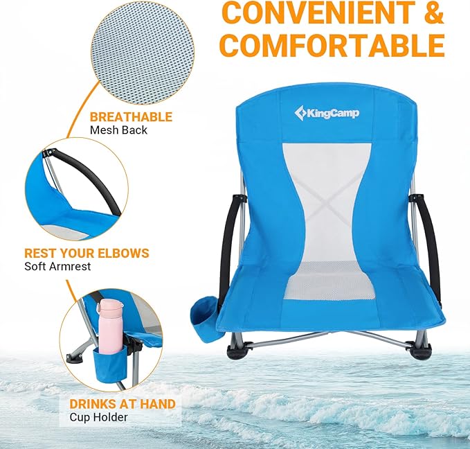 KingCamp Low Beach Chairs, Folding Portable Chair for Adults Lightweight Extra Wide Seat 300lbs Heavy Duty Oversized Backpack, Carry Bag for Camping
