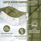 Upgraded Hooded Down Camping Blanket Waterproof 650 Fill Puffy Poncho Blanket 77" x 50" Packable Wearable Sleeping Bag with Detachable Hat Outdoor Stadium Camping, 1.36 lb(Olive Green)