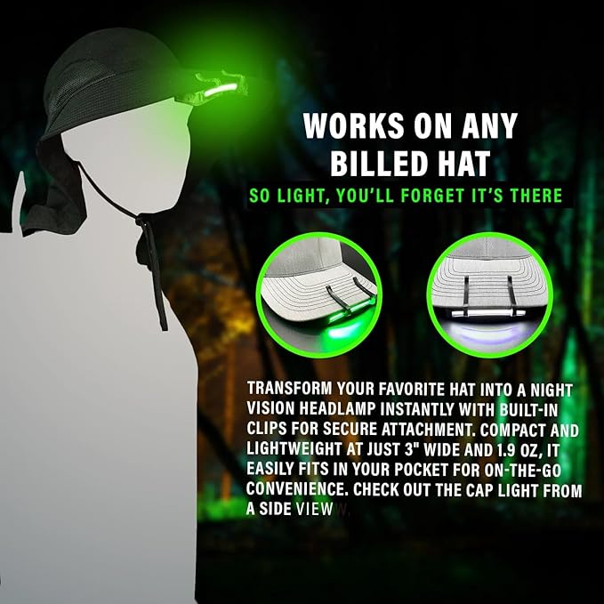 MODERN NEEDS Night Vision Cap Light –Compact, Clip-On Hat Flashlight Powered by AAA | Dual LED Modes for Camping & Hunting | Lightweight Hat Flashlight for Billed Hats Suitable for Outdoor use Camo