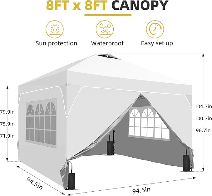 GDY 8x8FT Pop Up Canopy Tent with One Push Setup, Easy to Install with 4-Sidewalls for Events, Parties, Camping, Outdoor Gazebo with 4-Sandbags, White.