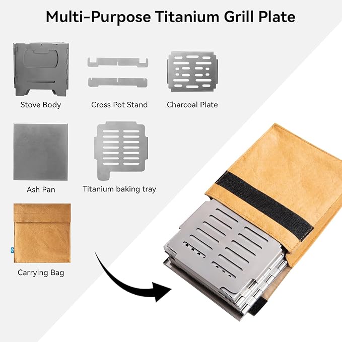 COOK'N'ESCAPE Camping Wood Burning Stove, Folding Lightweight Titanium Camping Stove, Portable Backpacking Stove for Outdoor Camping Hiking Backpacking Picnic Hunting BBQ