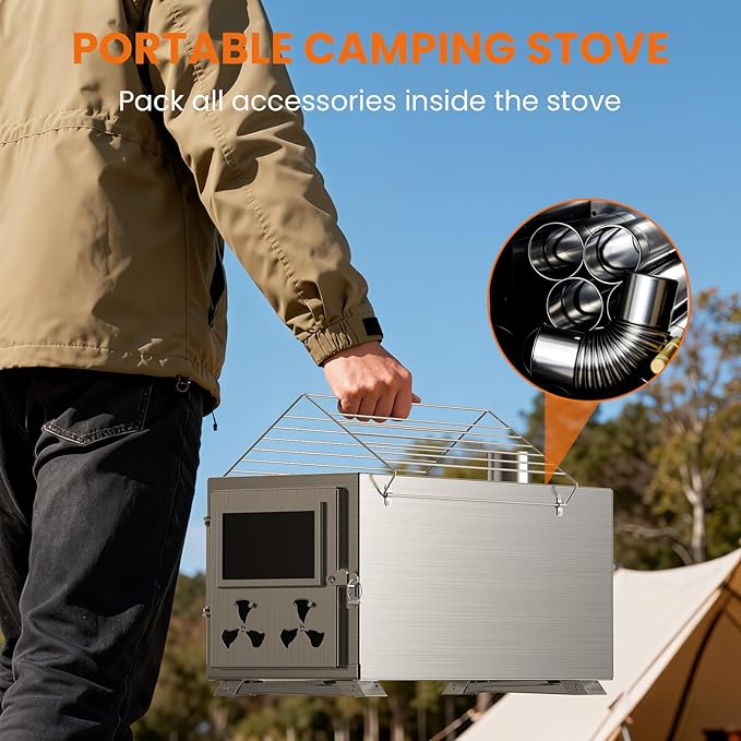 Upgraded Wood Burning Sauna Hot Tent Stove, 2 in 1 Tent Wood Burning Stove with Chimney Pipe for Outdoor Camping Heating, Camping, Hunting, Heating, Cooking, Ice Fishing, Boiling Water