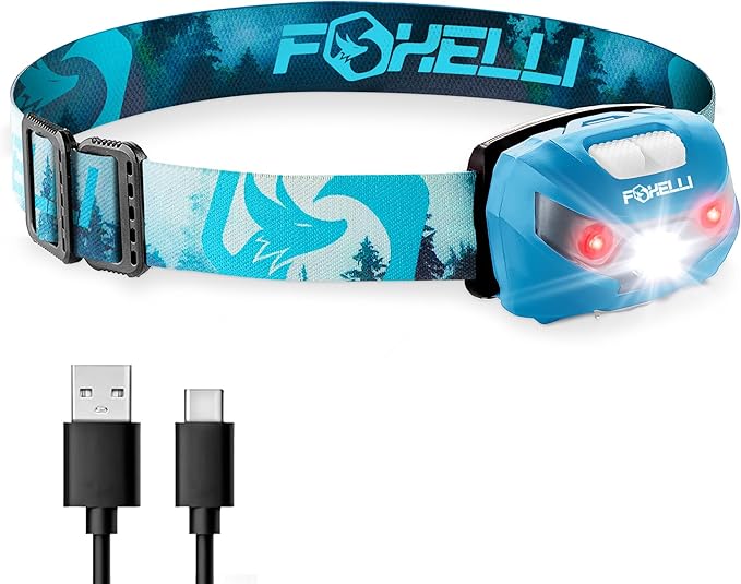 Foxelli USB-C Rechargeable LED Headlamp – Super Bright, Lightweight Head Lamp for Running, Camping, Hiking & Work – Comfortable Fit for Adults & Kids