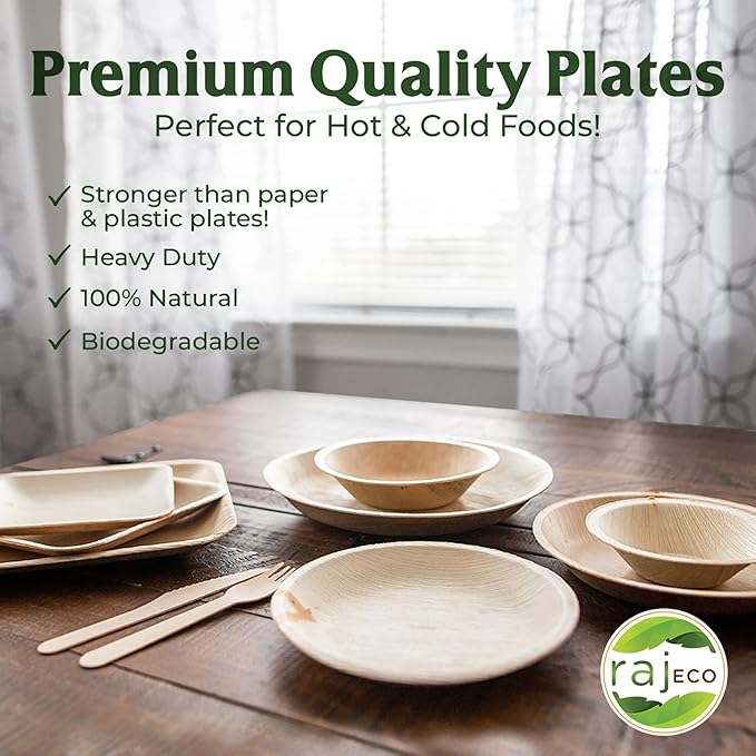 Raj Palm Leaf Plates [50-Pack] 10" Round Plates like Bamboo plates Disposable, Strong, Decorative Compostable Tableware for wedding, Lunch, Dinner, Birthday, Camping, Outdoor BBQ, Picnic…