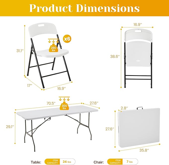 70.5" Foldable Outdoor Dining Set with 6 Fully assembled Dining Chairs for Easy Storage, Portable Patio Table and Chairs Set for Camping Picnic, Heavy Duty Patio Table Set for Garden Yard.