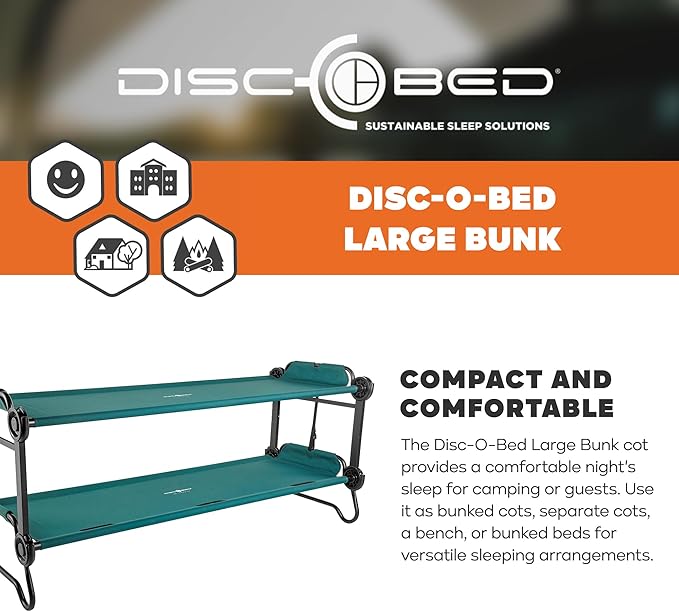 Disc-O-Bed Portable Cam-O-Bunk Bed Large 2 Adult Sleeping Cot for Camping, Green