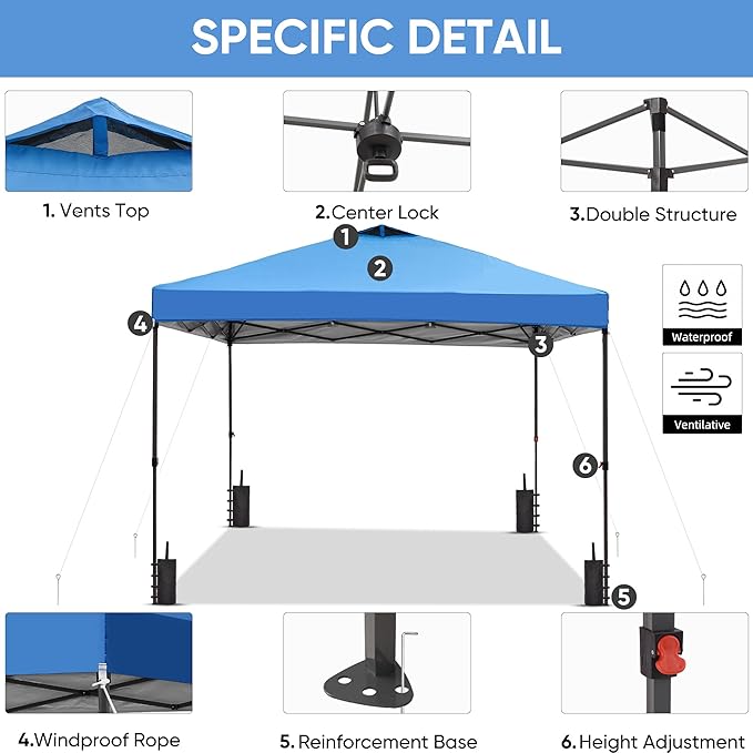 GDY 12x12 Pop Up Canopy Patio Carpas, One Push Set up with Central Lock Canopy with Wheeled Carry Bag, Included 4 Sandbaogs,8 Stakes and 4 Ropes, Blue