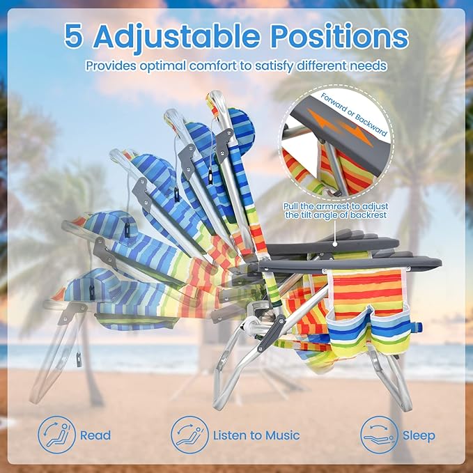Tangkula Set of 4 Backpack Beach Chair, 5-Position Lay Flat Beach Chairs with Cooler Bag, 2 Cup Holders, Towel Bar, Lightweight Low Folding Beach Chair with Backpack Straps, Yellow