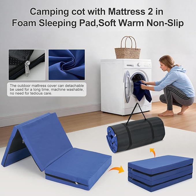 ABORON XXL Camping Cot with 2in Memory Foam Trifold Mattress, 900LBS Heavy Duty Sleeping Cot for Adults, Extra Wide Sleeping Cot, 1200D Double Layer Oxford Cot for Camping, Guest, Office Nap