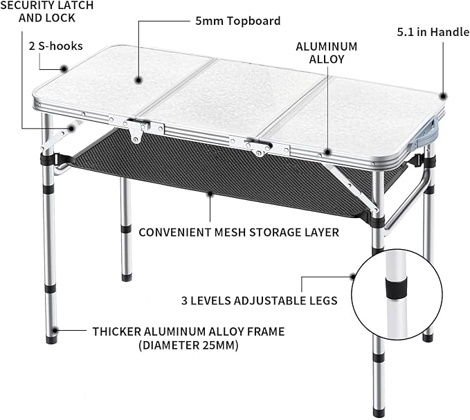 Folding Camping Table 3ft Portable Pinic Table Adjustable Height Small Card Table Aluminum Foldable Lightweight with Carry Handle for Outdoor Indoor Hiking Camp BBQ Beach