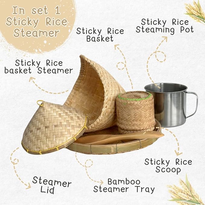 6-Piece Mini Sticky Rice Steamer Set - Bamboo Basket & Thai Rice Cooker, Portable for Camping