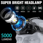 Headlamp Rechargeable 5000 High Lumen: Super Bright LED Head Lamp with Motion Sensor, 9 Modes, IPX7 Waterproof, 90°Adjustable, Zoomable Headlight for Adults Hunting Camping Hiking Running