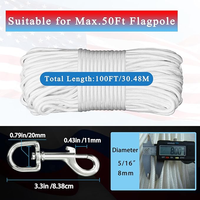 Upgraded Flag Pole Rope Clips Kit 100Ft,5/16” Flag Halyard Rope with Sturdy Swivel Snap Hooks,Heavy Duty Utility Rope for Pet Camping Tent Hardware Accessories Flagpole Line Replacement Set (100ft)