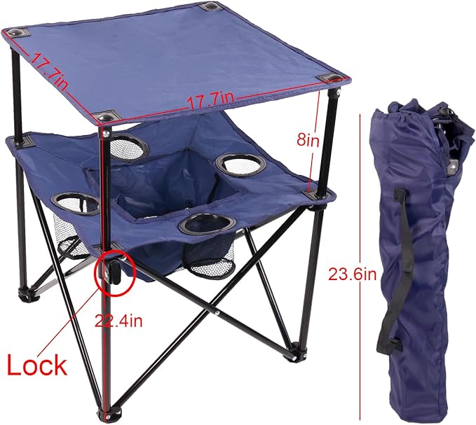 Portable Folding Camping Table with Cup Holders – Lightweight & Compact 2-Tier Outdoor Table with Storage, Ideal for Card Games, Snacks, Picnic, Tailgating & Camping (Navy Blue)