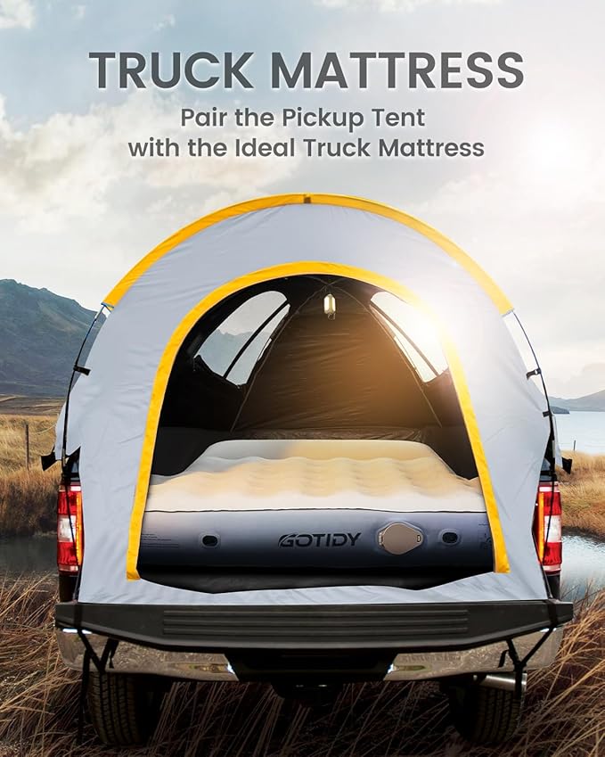 Short Truck Bed Mattress 5-5.5ft for Mid-Size Pickup, Truck Bed Air Mattress for Tacoma Jeep Gladiator JT, Rechargable Built in Pump, Integrated Pillow