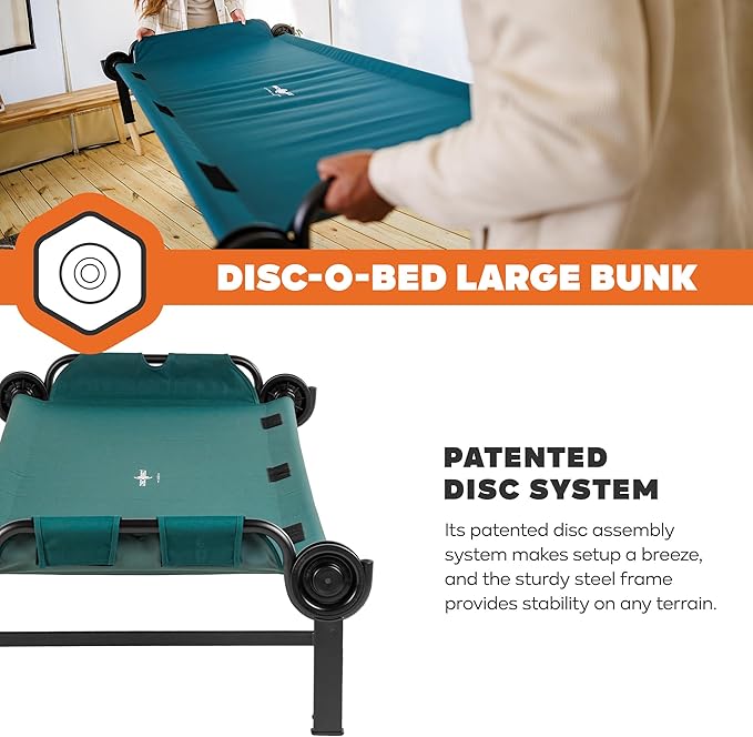 Disc-O-Bed Portable Cam-O-Bunk Bed Large 2 Adult Sleeping Cot for Camping, Green