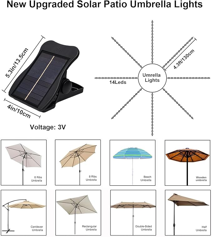 VOOKRY Solar Umbrella Lights Outdoor, Waterproof Solar Powered Patio Umbrella Lights 8 Strands Cordless 8 Modes LED Umbrella Patio Lights for Beach Tent Camping Garden Party Decoration(Multicolor)