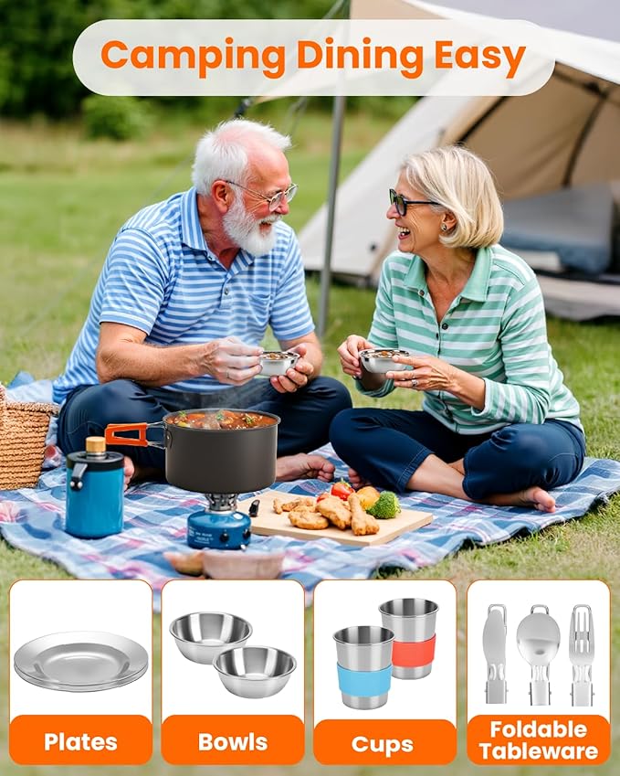 21Pcs Camping Cookware Mess Kit for 2, Lightweight Camping Kitchen Pots and Pans Set, Portable Cooking Essentials for Backpacking, Hiking and Picnic