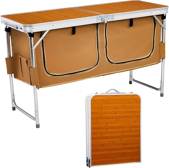 VINGLI 4 Ft Folding Table, Aluminum Camping Table, Picnic Table with Storage, Adjustable Height for Outdoor Beach BBQ Backyards Travel Party (Brown)