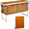 VINGLI 4 Ft Folding Table, Aluminum Camping Table, Picnic Table with Storage, Adjustable Height for Outdoor Beach BBQ Backyards Travel Party (Brown)
