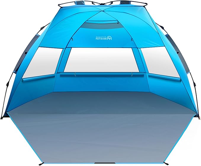 OutdoorMaster Beach Tent Sun Shelter for 3-4 Person, Pop Up Beach Tent Easy Setup with Sandbags, Portable Sun Shade Canopy with Carrying Bag for Beach & Outdoor, UPF50+ UV Protection, Family Size