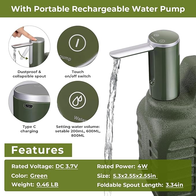 5 Gallon Portable Container with Touch Control Pump & Spigot, BPA Free Leak proof Storage Tank for Outdoor, Hiking, Backpacking, Camping