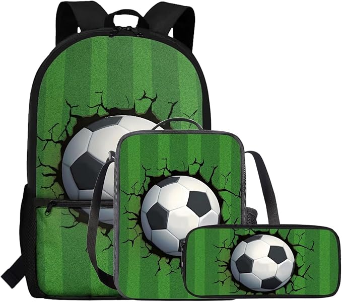 Rnyleeg Football Backpack for Boys 8-12 Green Kids Backpack with Lunch Bag Lightweight 3 Piece Book Bag Set for Elementary School Back to School Supplies Set