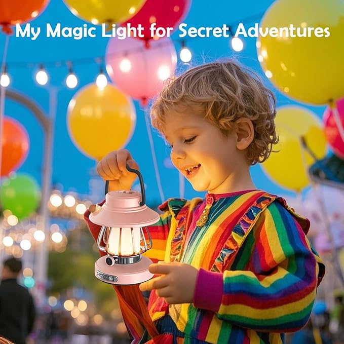 Kids Lantern with 3 Color Light & USB-C Rechargeable, Dimmable Camping Night Light for Children, Safe & Durable ABS Plastic Toddler Flashlight for Bedroom, Tent, Emergency (Pink)
