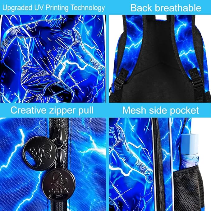 3Pcs Soccer Backpack for Boy, 17" Lightning Bookbag for Elementary Preschool Kindergarten, Kids School Thunder Backpacks with Lunch Box (Blue)