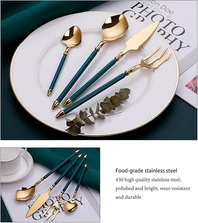 24pcs gold flaware set for 6,stainless steel silverware set,Tableware Sets for 6 Including Forks Spoons Knives, Gold knife and fork long white handle Camping Silverware Travel Utensils Set Cutlery