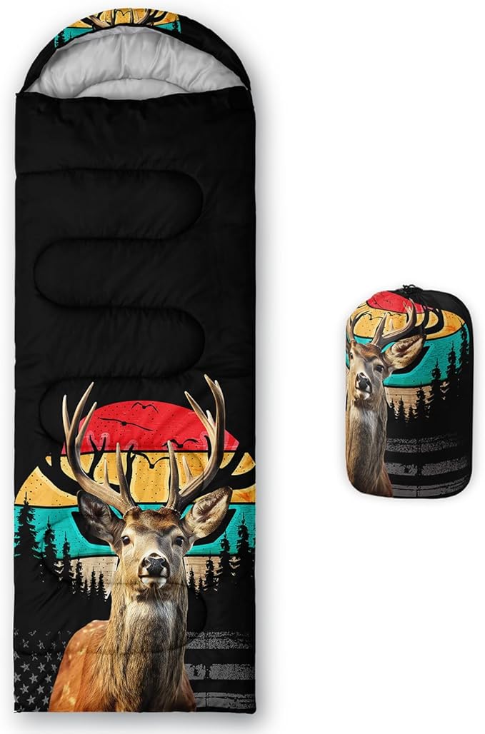 HOSIMA Dear Hunting Pattern Cold Weather Sleeping Bags for Kids Adults,Black Light Weight Waterproof Sleeping Bags for Outdoors Hiking.