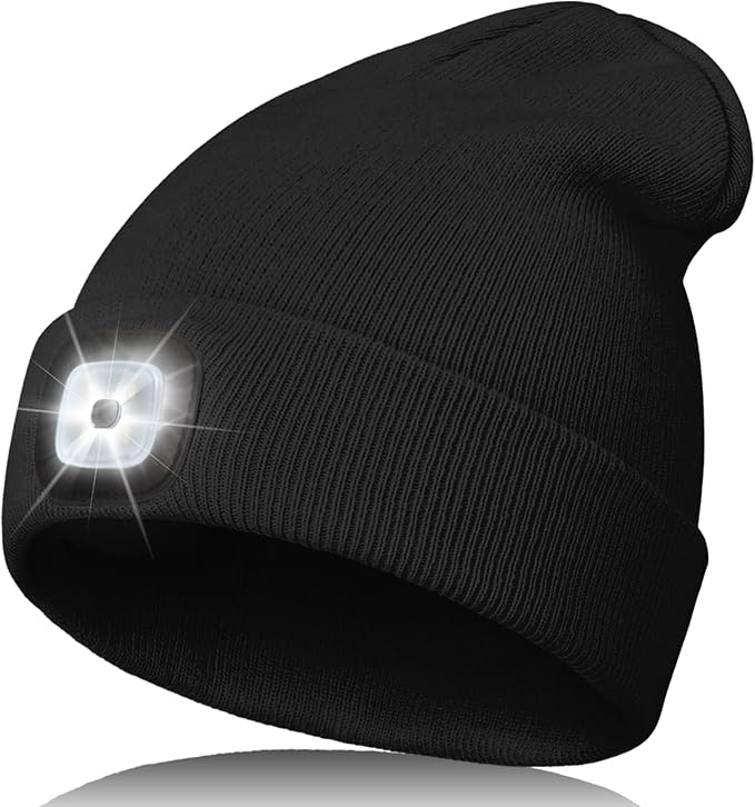 Unisex LED Beanie with Light, Rechargeable Headlamp Hat, Valentines Day & Birthday Gifts for Men Women, Husband, Warm Knitted Cap White Elephant Gifts for Dad Adults Teens Men Women Him