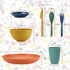 Wrova Wheat straw plates and bowls sets with cutlery - Unbreakable wheat straw dinnerware sets of 28 - Microwave safe plates,bowls,cups for camping,kitchen,new apartment.Colorful