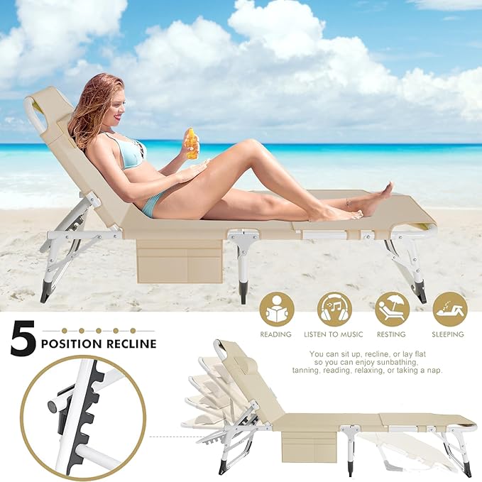 ABORON Patio Lounge Chair, Folding Guest Bed Cot for Adults, 500LB Heavy-Duty Capacity, Portable Extra Bed with Comfort Mat, Quick Fold Design for Indoor Guest Stays & Temporary Use