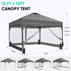 GDY 12x12FT Outdoor Pop Up Canopy Tent with One Push Setup, Easy Setup Gazebo with 4 PVC Transparent Sidewalls for Patio, Parties, Camping, Gray.