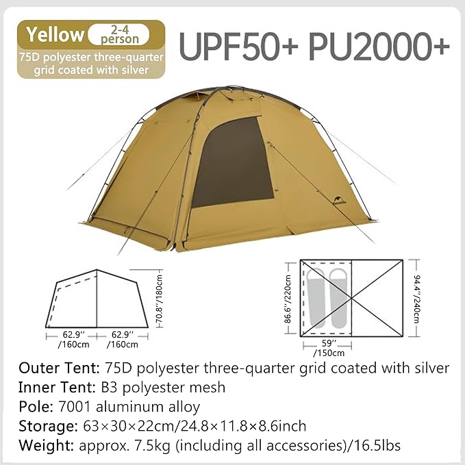 Naturehike Dune Hot Tent with Stove Jack, 117 sq ft 4 Seasons Camping Tent, 2-4 Person Waterproof Large Tent for Family, Car Camping, Picnic, Fishing, 6 Person