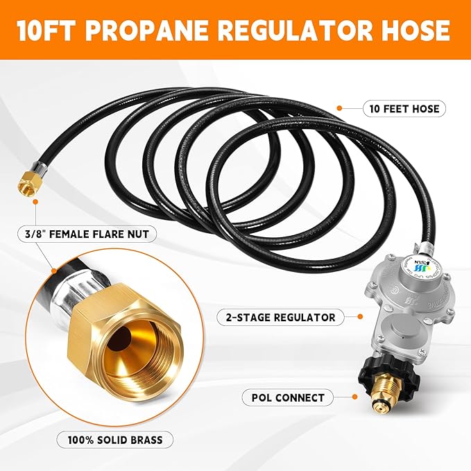 GasSaf 10FT 2 Stage Propane Regulator with Hose, Dual-Stage Propane Regulator for RV, Generator, Camp Stove, Gas Grill, and Heater - CSA Certified