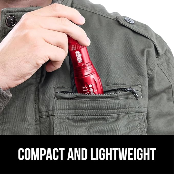 GORILLA GRIP Powerful LED Tactical Flashlight, 750 FT High Lumens 5 Adjustable Modes, Water Resistant, Ultra Bright Zoom Flashlights, Small Mini Flash Light, Camping, Night Dog Walking, Red
