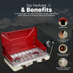 GasOne Portable Camping Stove – Double Propane Stove with Auto Twist Turn Ignition – 22,000 BTU Camping Cooktop with 2 Burners and Wind Guard – Ideal for Tailgating, Fishing, Travel, Red