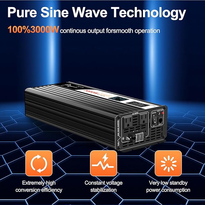 3000W Pure Sine Wave Power Inverter with Bluetooth, 6000W Surge, 12V DC(Range 10V-15V) to 120V AC Converter for Camping, RV, Truck & Home Backup