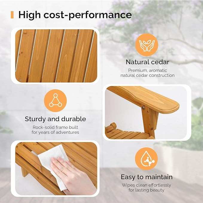 VINGLI Folding Adirondack Chairs Set of 2, Wood Adirondack Chair for Outdoor, Foldable Fire Pit Chairs for Patio, BBQ, Porch, Yard, Pool, Teak